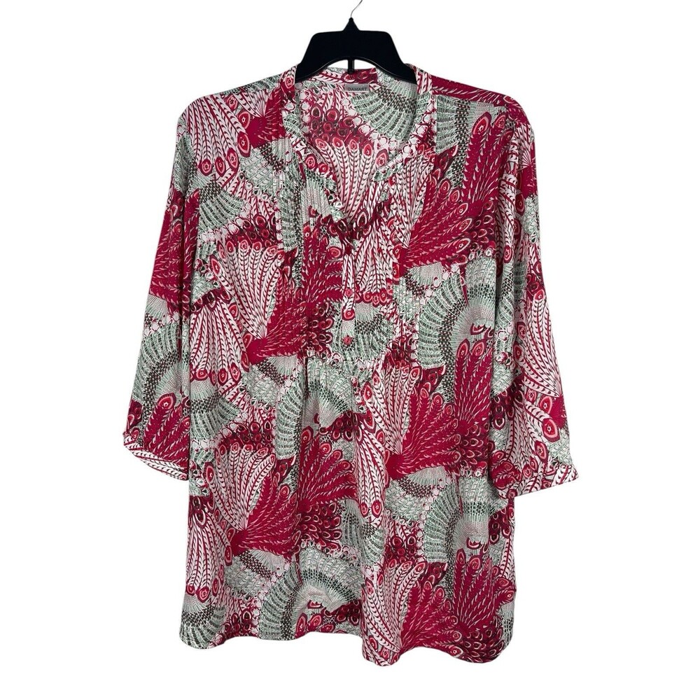 Damart Popover Tunic Top Red Gray Peacock Print Lightweight 22W 3/4 Sleeve